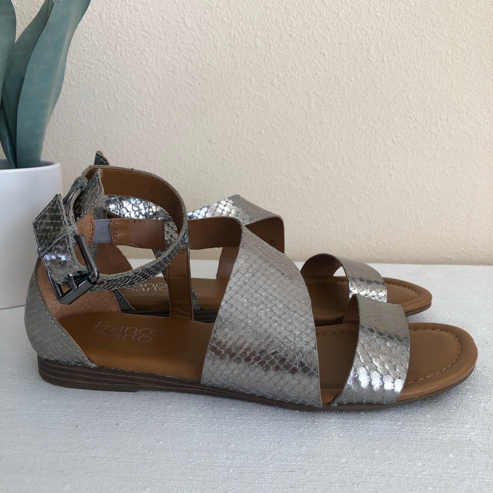 Franco Sarto Griffith Pewter Snakeskin  Ankle Strap Sandals Women’s 8.5M
